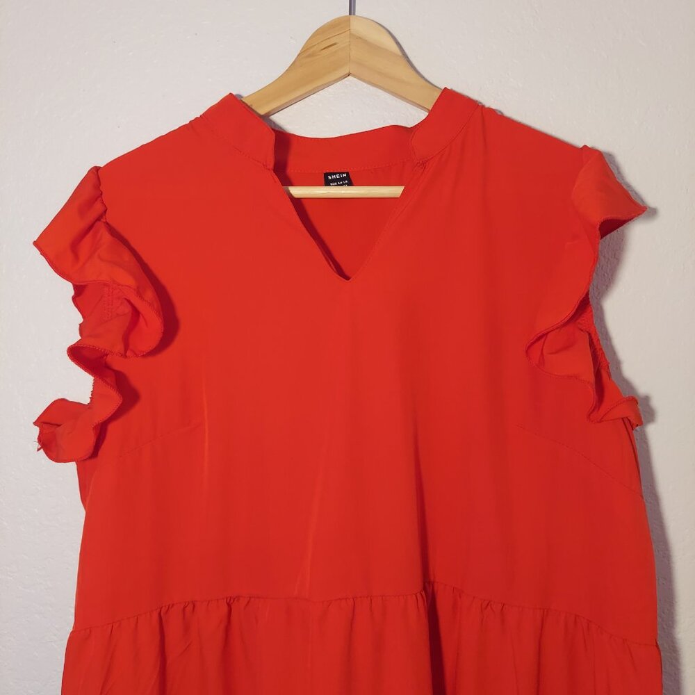 Shein Bright Red Tiered Ruffle Midi Dress V-Neck Ruffle Sleeve Size XL - Picture 3 of 7